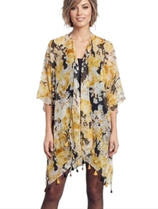 C Est. 1946 Accessories - Est. 1946 Floral Semi Sheer Tassled Hem  Kimono Style Cover Up Yellow Size OS